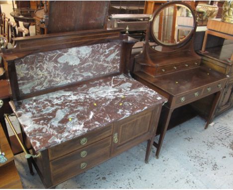 Edwardian mahogany inlaid and marbled wash stand, together with a matching mirror back dressing table with under shelf. (2) (