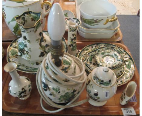 A tray of Masons Ironstone chartreuse items to include table lamp, pout shaped dresser jug, candle stick, comporte plates, pi