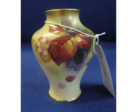 Royal Worcester porcelain miniature vase of baluster form, signed by Kitty Blake.  Overall with berries and foliage.  Puce pr