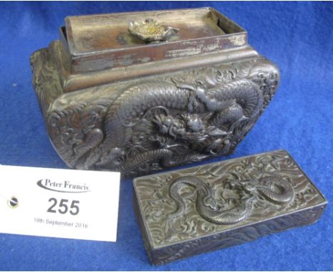 Japanese cast metal casket shaped tea caddy depicting three claw water Dragons amidst crashing waves. (B.P. 24% incl. VAT)