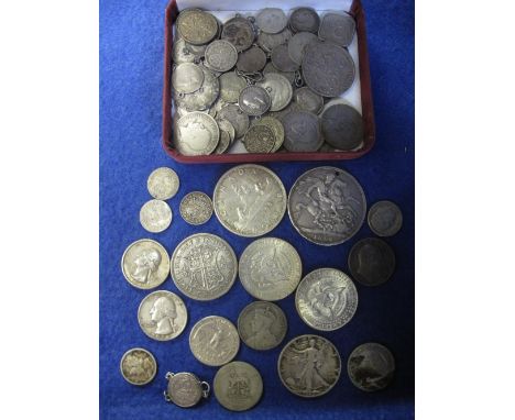 Small velvet box of mixed, mainly silver currency, GB and foreign, including Kennedy half dollar and another half dollar, 196