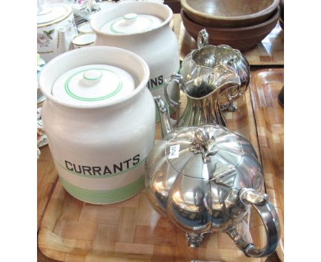 Two Kleen kitchenware lidded canisters, 'currants' and 'raisins', together with a silver plated melon shaped, fluted three pi