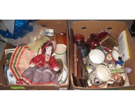 Two boxes of assorted items to include Pendelfin figurines, continental figures, Aynsley, red fox, modern enamel patch or pil