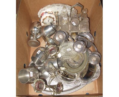 Box of assorted metalware etc., to include hors d'oeuvre tray, silver plated goblet, six section cruet set, table candelabra 