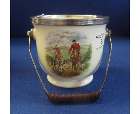 Copeland Spode England hunting scene ice bucket with silver handle stamped 925.  Printed marks to base 'Homewood and the houn