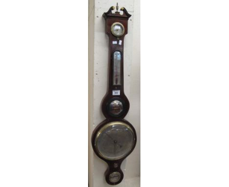 19th Century mahogany inlaid wheel barometer with silvered face.(B.P. 24% incl. VAT)   CONDITION REPORT:  We do not test.  So