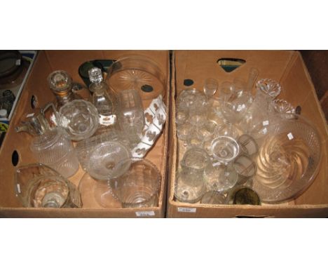 Two boxes of assorted glassware, various to include decanters and stoppers with sherry and whisky ceramic decanter labels, si