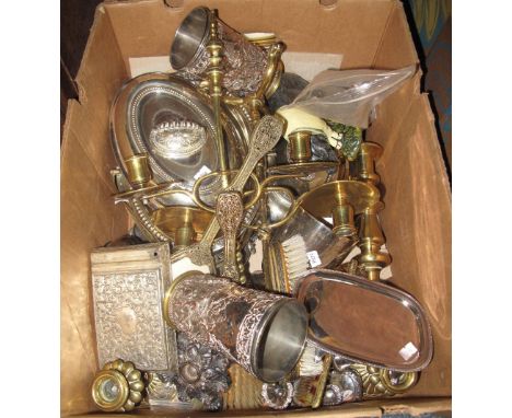 Box of assorted metalware to include silver plated entree dishes, brass table candelabra, pair of silver plated relief decora