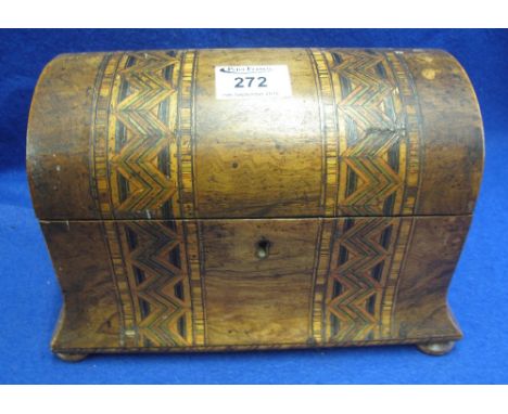 19th Century walnut Tunbridge ware style dome topped two section tea caddy standing on bun feet.(B.P. 24% incl. VAT)