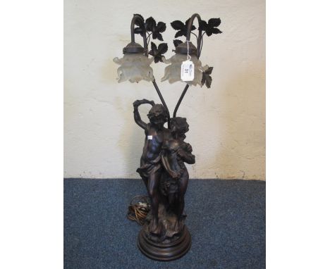 Modern bronzed Classical figure group table lamp with stylised leaves and glass floral shades, on a circular socle base.(B.P.