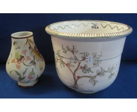 West German pottery jardiniere overall with a blossom tree design together with an opaline glass baluster floral and foliate 