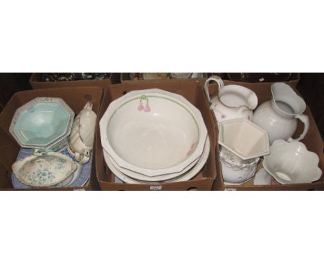 Three boxes of assorted items to include various jug and basin sets, floral planters, art nouveau tureen, 19th Century oval m
