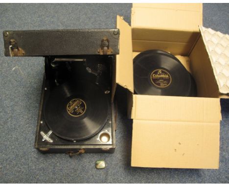 Vintage Columbia number 202 record player, cased, together with a box of 10" records and a tin of needles.(B.P. 24% incl. VAT