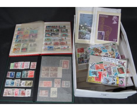 Shoebox of stamps, First Day Covers, Post Office cards and mint and used range of stamps in two small stockbooks.(B.P. 24% in