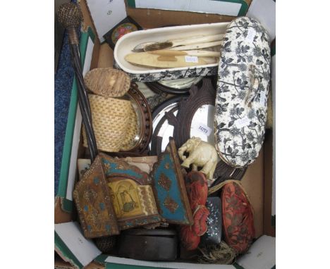 Box of oddments to include soap dish and cover, carved hand mirrors, a lacquered mother of pearl snuff box with other snuff b