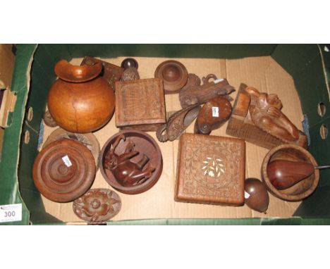 Box of assorted treen and carved wooden items to include snuff box, Elephant, carved pediment of the Devil, pears, wooden box