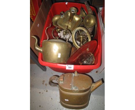 Box of assorted metalware, various to include vintage brass watering can, chamber stick, candle stick, tea pot etc.(B.P. 24% 