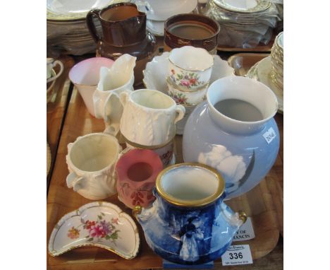 Tray of assorted china to include Royal Doulton two handled classical blue and white shaped vase, Royal Copenhagen floral bal