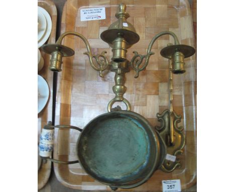 Brass door knocker, together with a candle wall sconce together with a miniature helmet shaped coal scuttle.  (3)(B.P. 24% in