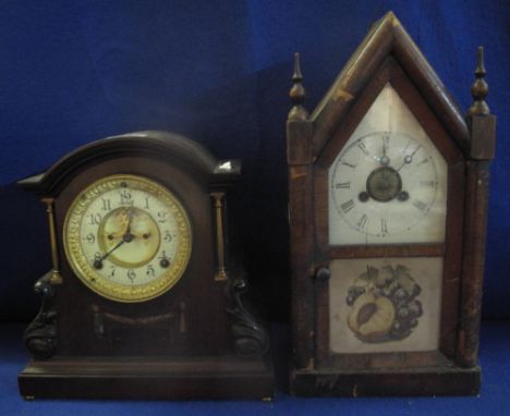 Ansonia Clock Company two train architectural mahogany mantle clock with enameled face, together with another two train mantl