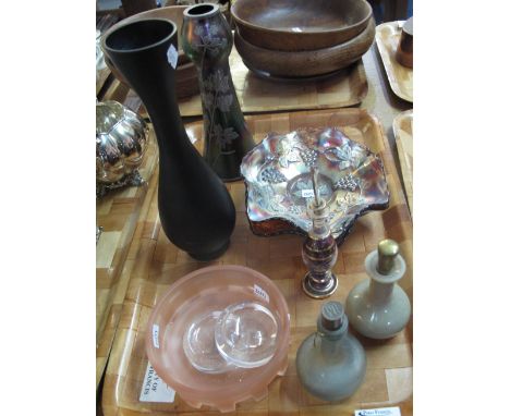 Tray of assorted glassware to include scent bottles and stoppers, waisted vase, carnival glass bowls, iridescent loetz type c