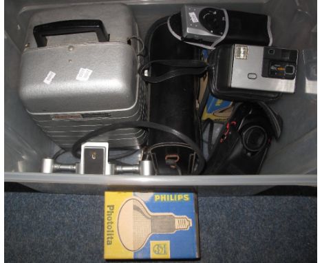 Box of assorted cameras and accessories to include Bell and Howell movie master,  Lentar automatic 3PZ camera, digital and ot