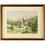 Groß, August (datiert 1943), Aquarell, Kirche oder Kapelle vor Alpenlandschaft