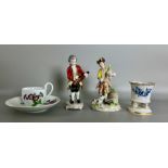 Schwertermarke Meissen Tasse und Vase und 2 Figuren ungedeutete Marken, Konvolut Porzellan