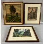 Unleserlich signiert, insgesamt 3 Bilder Ölgemälde, Aquarell und Holzschnitt, wohl Gegend um Kassel