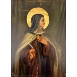Unleserlich signiert Maria Freude, Ölgemälde um 1900, Darstellung Heilige mit Schreibfeder