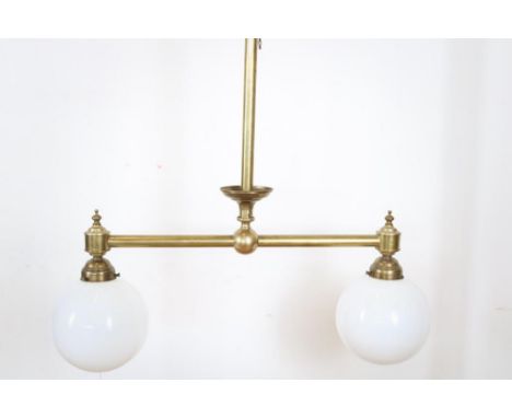 Brass 2 lights lamp with opaline shade, h. 110 cm.Geelkoperen 2-lichts biljart hanglamp met wit opaline bolkappen,  h. 110 cm
