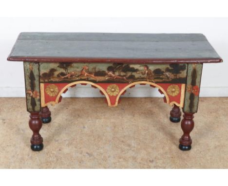 Amelander bench with painted decor of a hunting scene, Friesland  18th century, h. 43, w. 85, d. 35 cm.Amelander beddenbankje