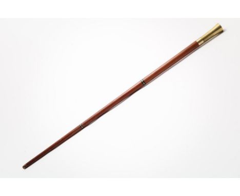 Mahogany wooden walking stick yellow copper grip and glass  reservoir l. 92 cm.Mahonie houten wandelstok met onder de messing