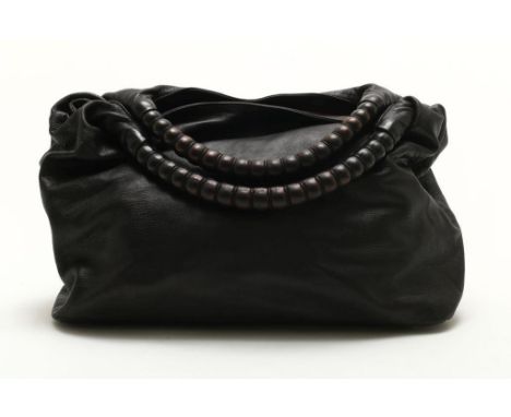 JIL SANDER, brown/ black leather handbag, marked inside, 42 x  46m.JIL SANDER, bruine/zwarte leren handtas met gedraaid hengs