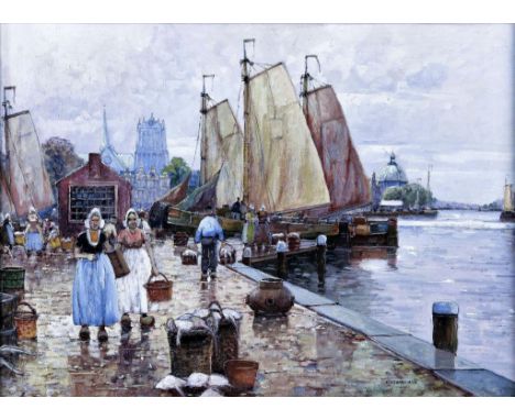 HORNEMANN R., sign. l.r., Fishmarket at Amterdam, canvas 48 x 67 cm.HORNEMANN R., ges. r.o., Vismarkt te Amsterdam, doek 48 x