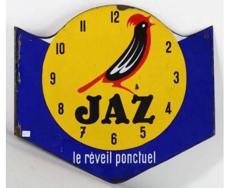 JAZ LE REVIEL PONTUEL, enamel sign, 49 x 55 cm.JAZ LE REVIEL PONTUEL emaille 'uithang' bord, 49 x 55 cm. (met  roestplekken)