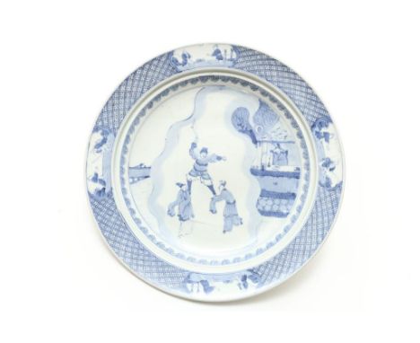 Porcelain Kangxi plate with central decor of figures, China  18th century, diam. 45 cm. (restored)Porseleinen Kangxi schotel 