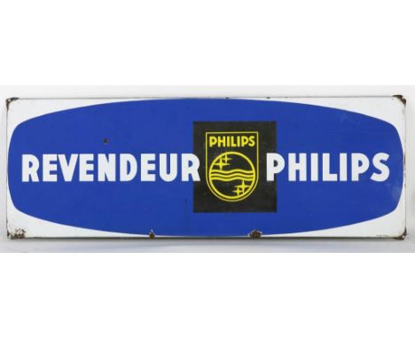 Enamel billboard Revendeur (dealer) Philips, Langcat Bussum, 34 x  97 cm. (Rust spots)Emaille reclame bord Revendeur (dealer)
