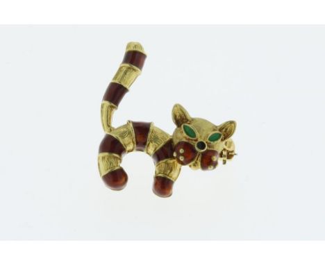 A gold brooch with enamel cat aloy 750/000Gouden met emaille broche met kat, geh. 750/000