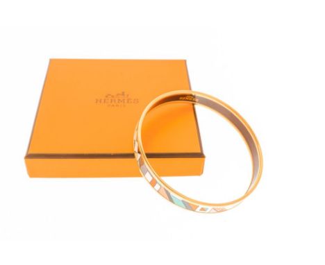 HERMES, bangle with multicolor enamel print, diam. 7 cm. in  original box and dustbagHERMES, armband met emaille buitenzijde 