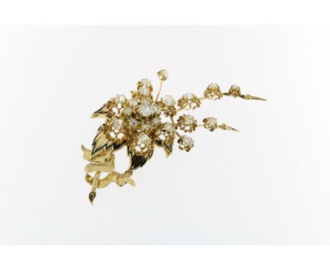 Yellow gold branch shaped broche set with 22 rose cut diamonds in  open setting, total ca. 1.30 ct. and black enamel, ca. 188
