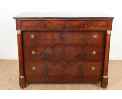 Mahogany Empire commode with marble top and 5 drawers, ca. 1820,  h. 100, w. 125, d. 63 cm.Mahonie Empire commode onder marme