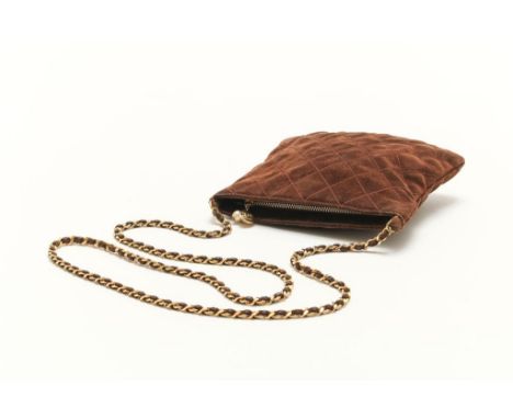 CHANEL vintage cross body brown suede diamond stitching, with  yellow gold chain cross body handle, marked and number, 20 x 1