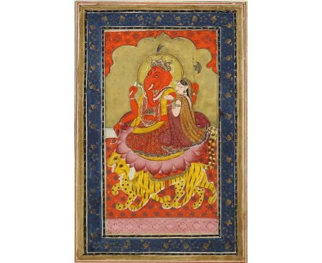 Indian miniature of the god Ganesha, The god of wisdom and he who removes all doubt, together with his  sakti seated on a lot
