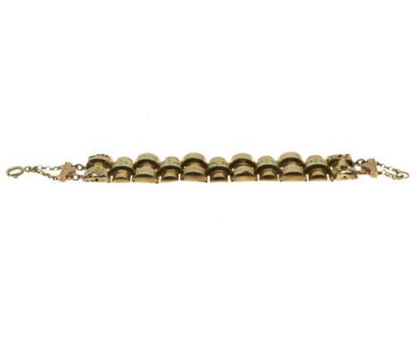 Gold hollow link bracelet with enamel rosettes, on ring lock, br.w. 22 gr. l. 17cm. avg. 585/000Gouden holle schakel armband 