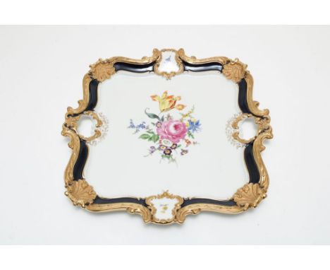 Porcelain tray, Meissen, polychrome decorated with flowers in  relief gilded jacobs shells, 20th. century, l. 41, w. 41 cm.Po