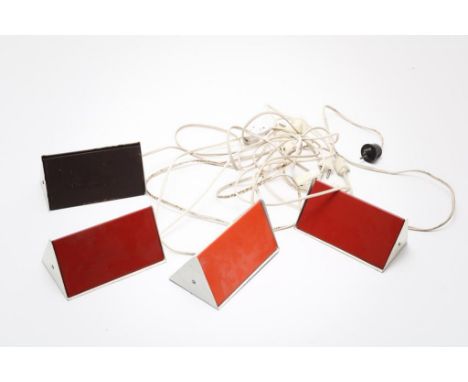 A set of 3 wall lamps, with red lamp shade, model: 7013,  designer: J.J.M. Hoogervorst, for: AnviaSerie van 4 wandlampjes met