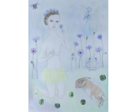 TANABE NAO (1972), sign. l.l.,  Female figure with peacock, frog and rabbit, mix. tech. 107 x 77  cm.TANABE NAO (1972), ges. 