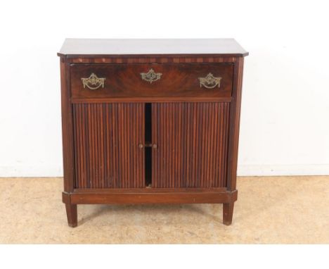 Mahogany Louis XVI chest of drawers with roll door and a drawer,  19th century, h. 73, w. 73, d. 35 cm. (2x veneer is missing