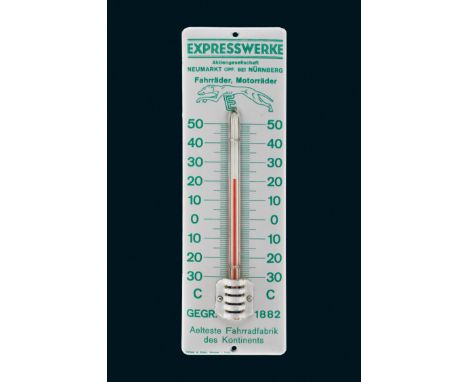 8 x 26 cm, gewölbt, Herstellervermerk: Orban &amp; Kühn, Vesser i. Thür., funktionstüchtiges Thermometer, mit dem alten Steig